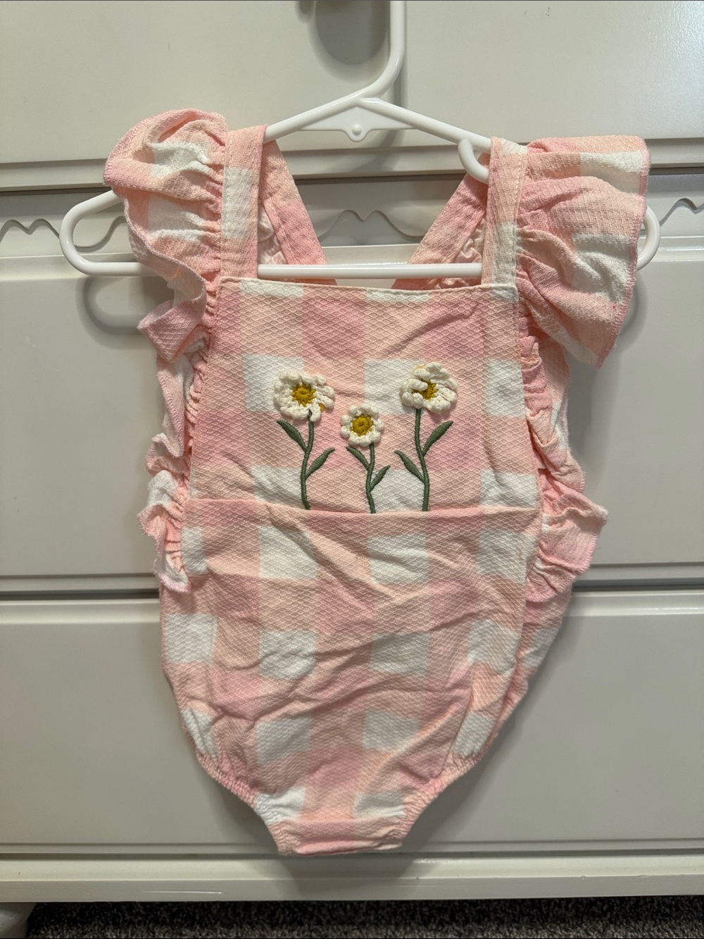 Mud Pie Pink Gingham Floral Embroidered Romper